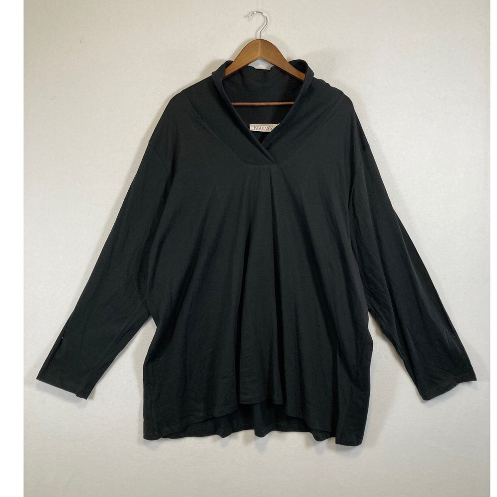 Minimalist Roaman's Women 3X‎ Black Split Neck Long Sleeve 100% Cotton Tunic Top